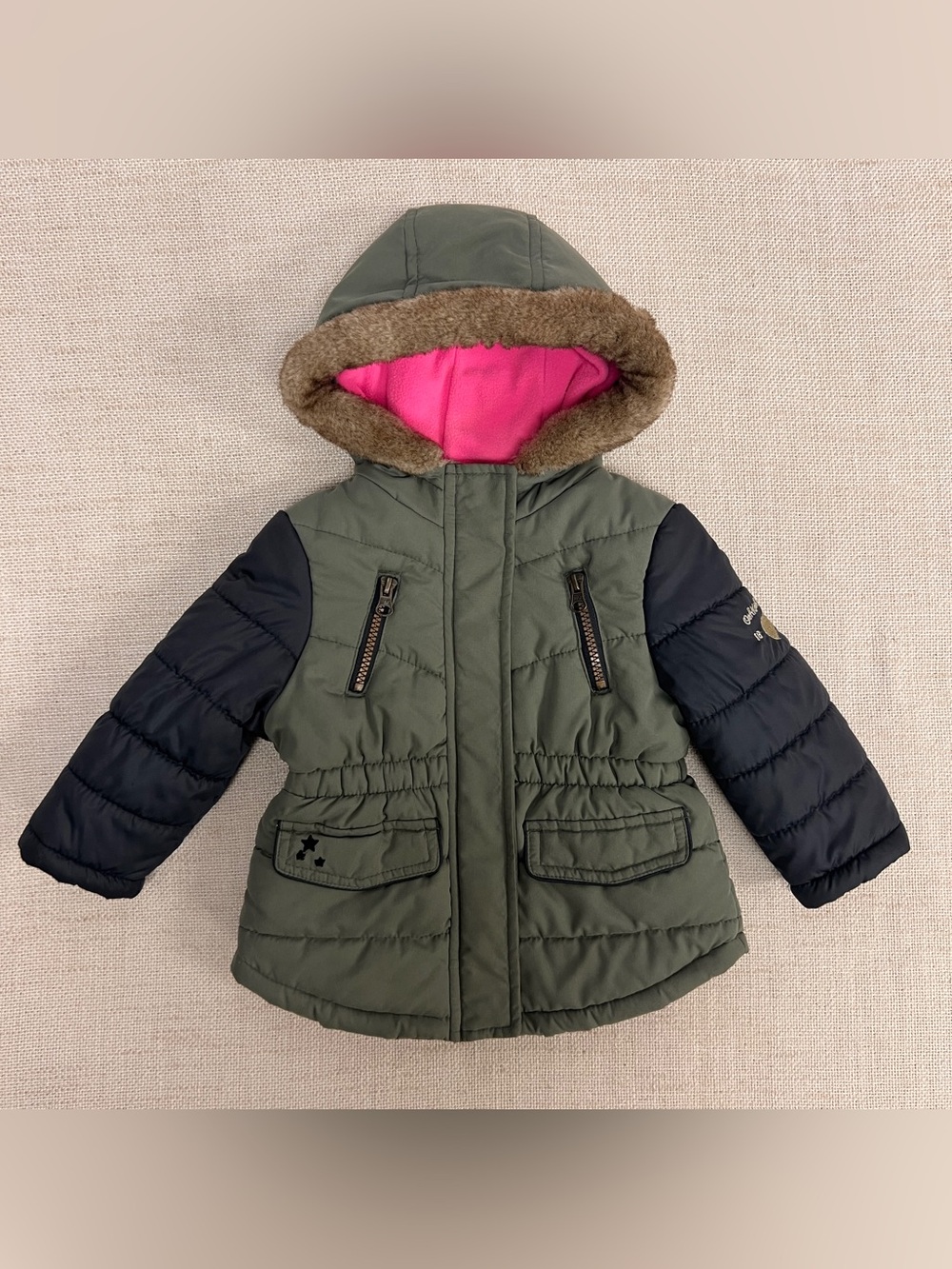 OshKosh B'gosh 18M Olive Puffer Parka w/ Faux Fur Hood & Pink Fleece – So Cozy!